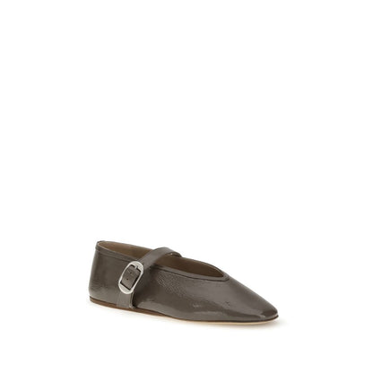 Le Monde Béryl Brown Calf Leather Bos Taurus Ballet Flats with adjustable strap and flat sole