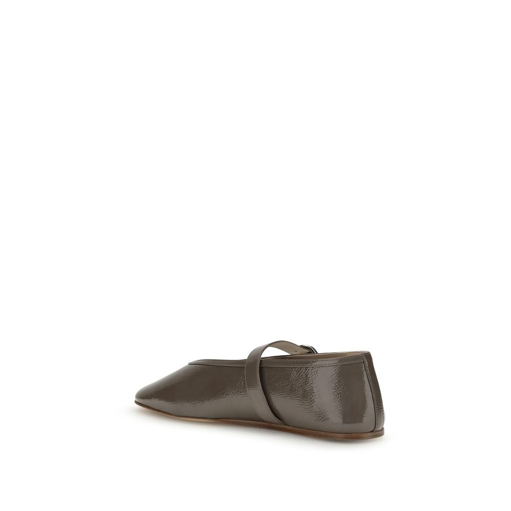 Le Monde Béryl Brown Calf Leather Bos Taurus Ballet Flats with adjustable strap and beveled toe, side view.