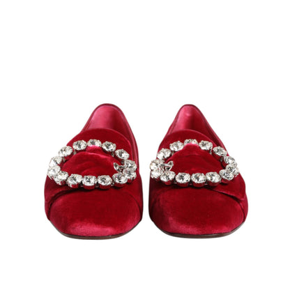 Dolce & Gabbana Red Velvet Crystal Buckle Loafers Flats Shoes