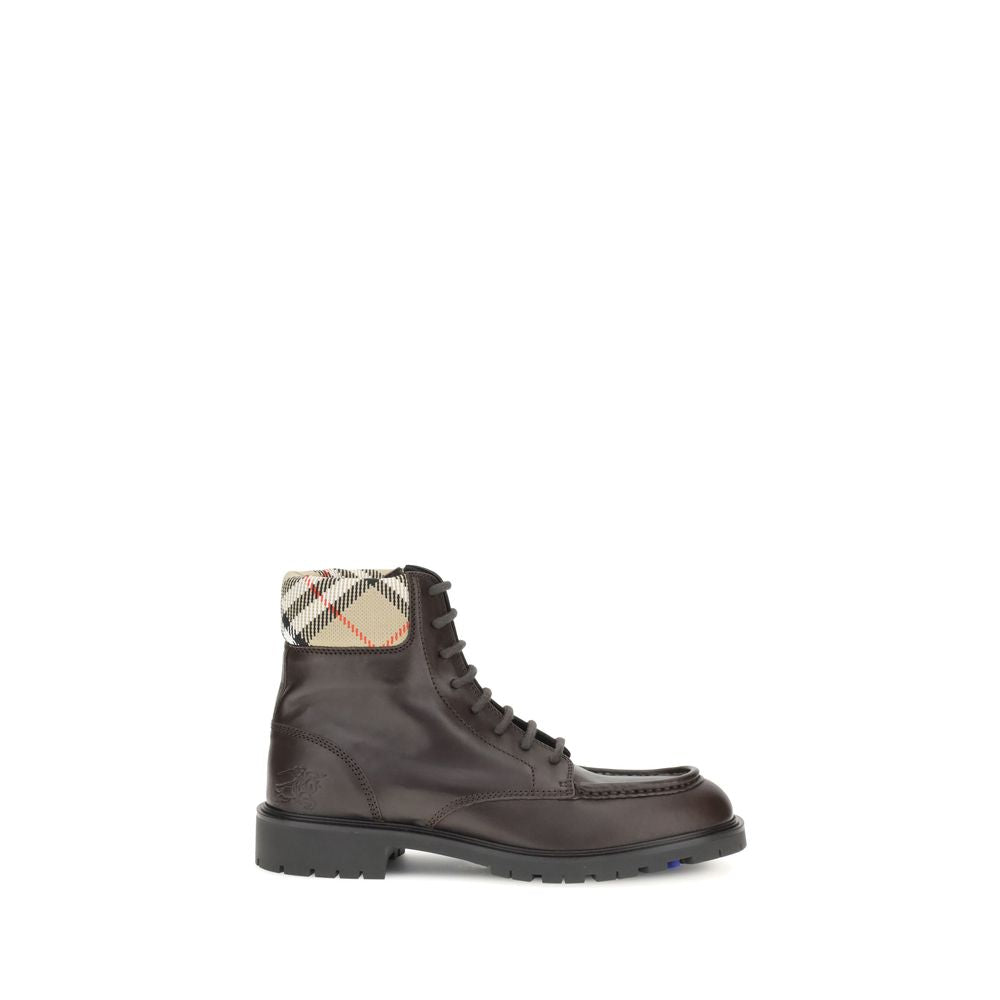 Burberry Brown Calf Leather Bos Taurus Lace-Up Boots with padded check collar, Equestrian Knight Design and rugged silhouette.