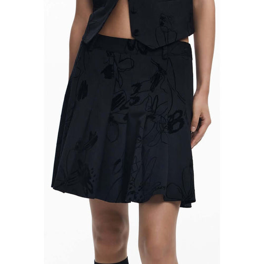 Desigual Black Polyester Women Skirt with audacious flock design and sassy side zipper, embellished with Desigual logo for bold fashion statement.