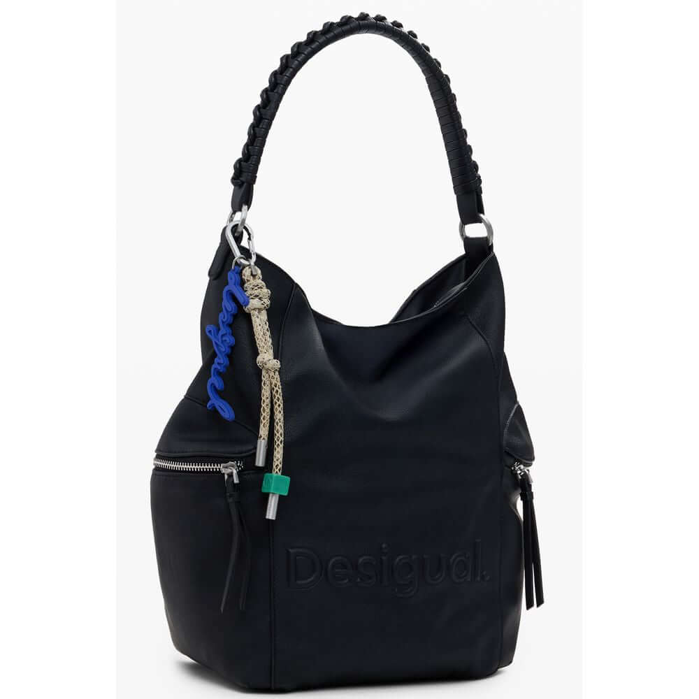 Desigual Black Polyethylene Women Backpack with unique one-shoulder handle, half Africa logo, and versatile adjustable straps.