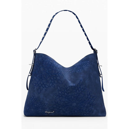 Desigual Blue Polyethylene Women Handbag with floral embroidery and adjustable shoulder strap for versatile carrying options.