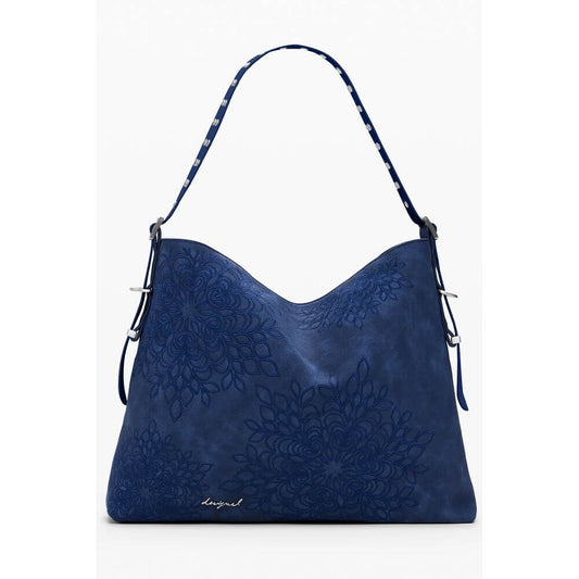 Desigual Blue Polyethylene Women Handbag with floral embroidery and adjustable shoulder strap for versatile carrying options.