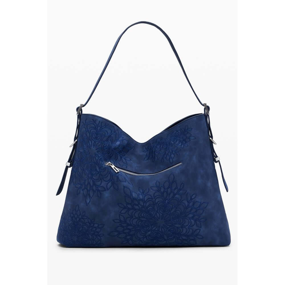 Desigual Blue Polyethylene Women Handbag with intricate embroidery and adjustable shoulder strap