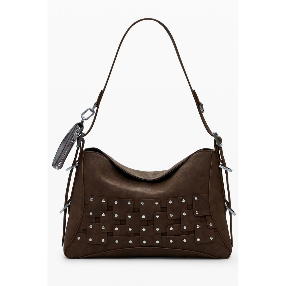 Desigual Brown Polyethylene Women Handbag with removable shoulder handle and coin purse, magnetic closure, and contrasting details.
