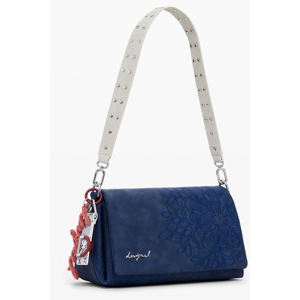Desigual Blue Polyethylene Women Handbag with removable handle and adjustable strap, featuring creative embroidery and external pocket.