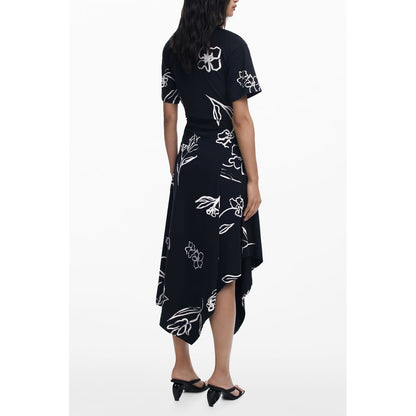 Desigual Black Cotton Women Dress with floral print, short sleeves, and asymmetrical hem showcased from the back view.
