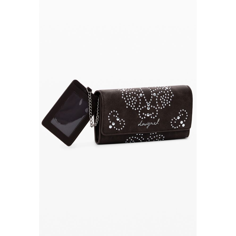 Desigual Brown Polyethylene Women Wallet with stylish design and removable card holder, showcasing external pocket and decorative details.