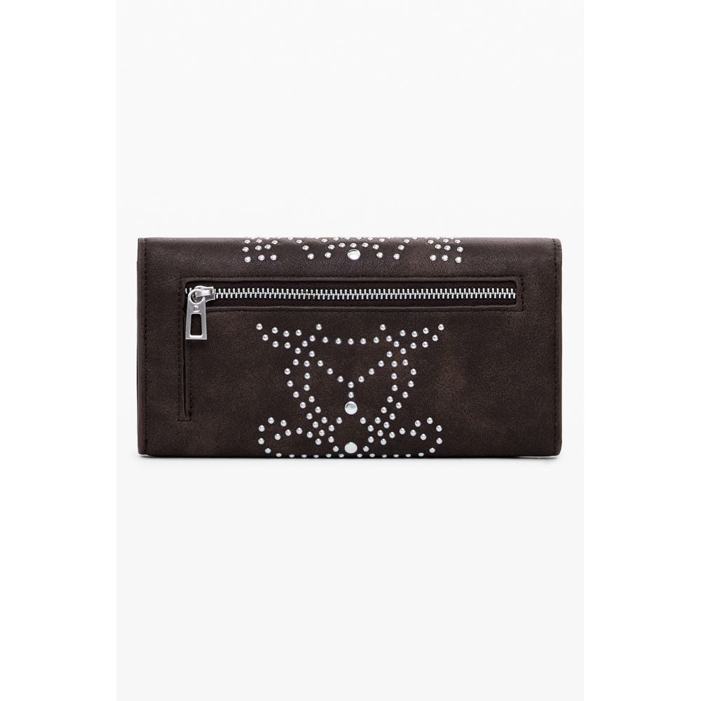 Desigual Brown Polyethylene Women Wallet with external pocket and stud detailing, offering style and functionality for everyday use.