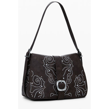 Desigual Brown Polyethylene Women Handbag with chic studs and adjustable strap, featuring versatile pockets for fashionable functionality.