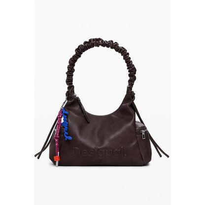 Desigual Brown Polyethylene Women Handbag with logo and practical compartments, featuring bold contrasting details and secure zippers.