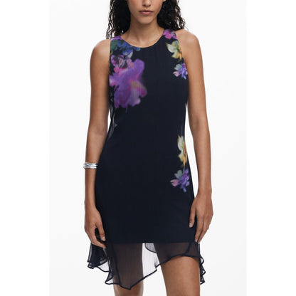 Desigual Black Polyester Women Dress with bold floral print and sleeveless design, featuring a crew neck and back button detail.