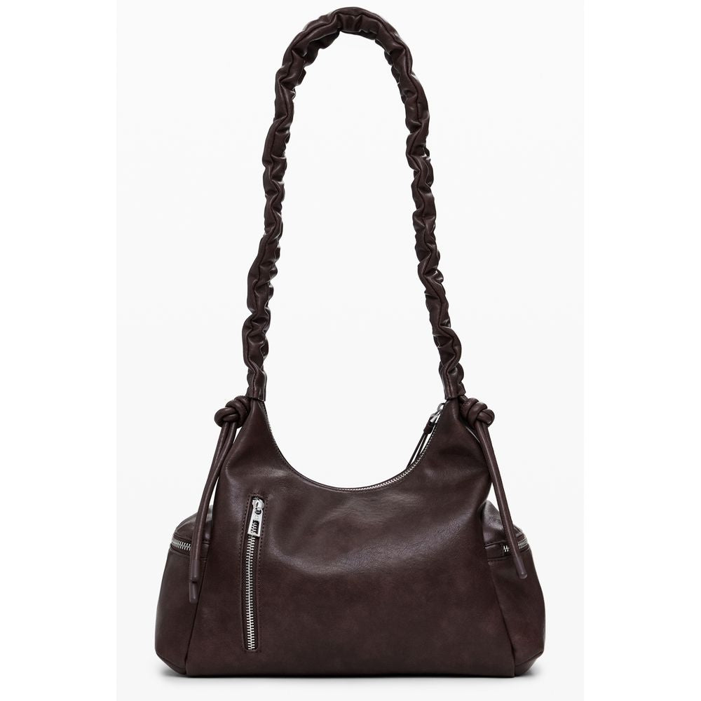 Desigual Brown Polyethylene Women Handbag with bold relief print and practical compartments, featuring a unique strap design.