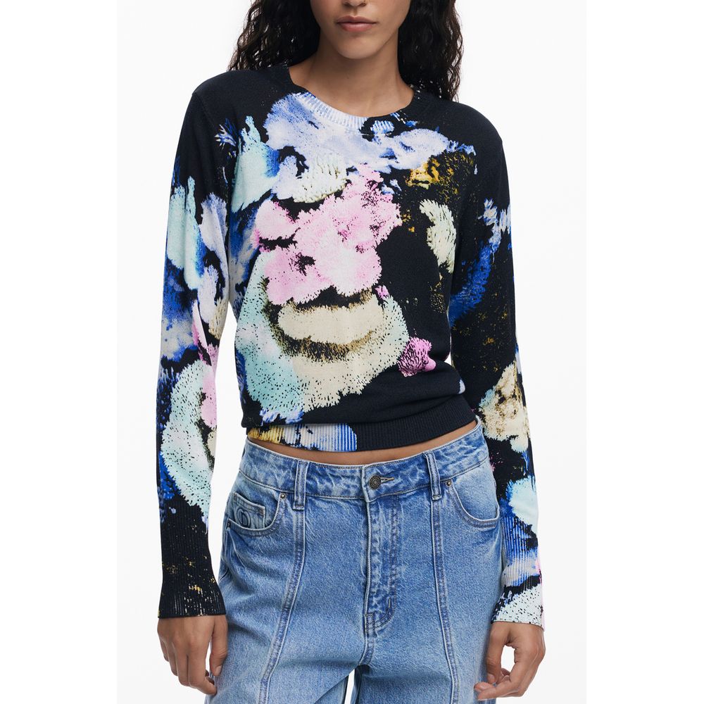 Desigual Black Linen Women Sweater with colorful pattern and crew neck, worn by model, showcasing eclectic design and style.