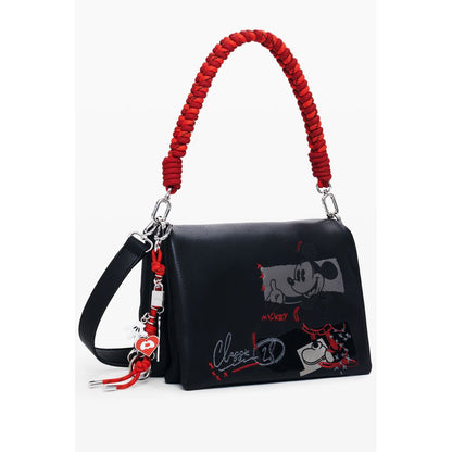 Desigual Black Polyethylene Women Handbag showcasing Mickey Rock Dortmund flap, embroidery, and relief print with red braided handle.