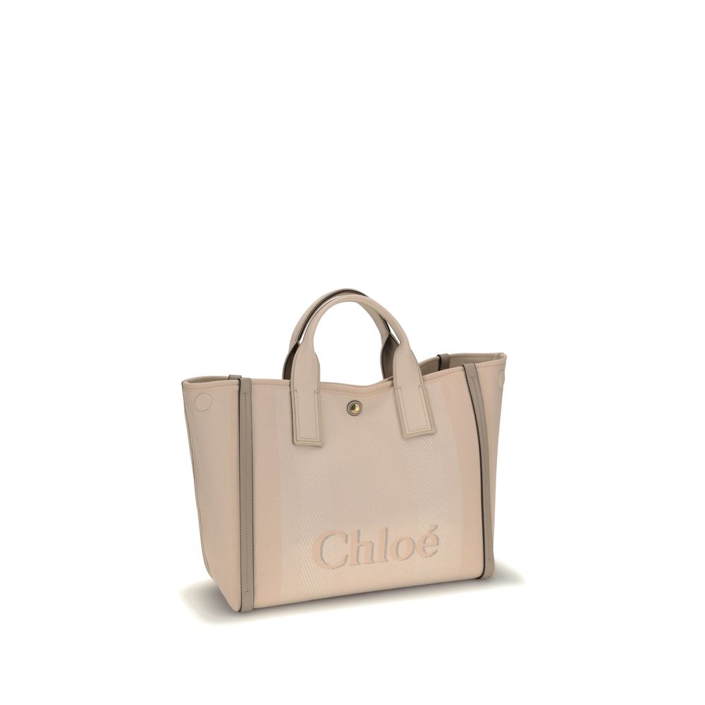 Chloé Beige Cotton Handbag with leather details, snap top closure, and iconic monogram, showcasing elegance and practicality.