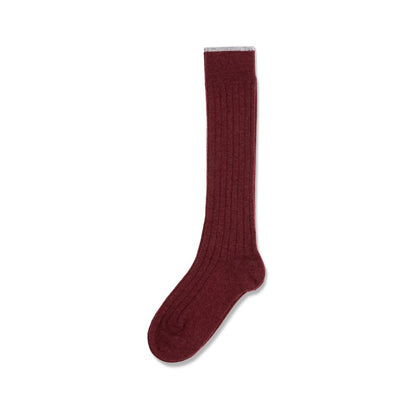 Brunello Cucinelli Bordeaux Cashmere Socks - Knee-high ribbed knit, luxurious comfort and sophistication in fine cashmere.