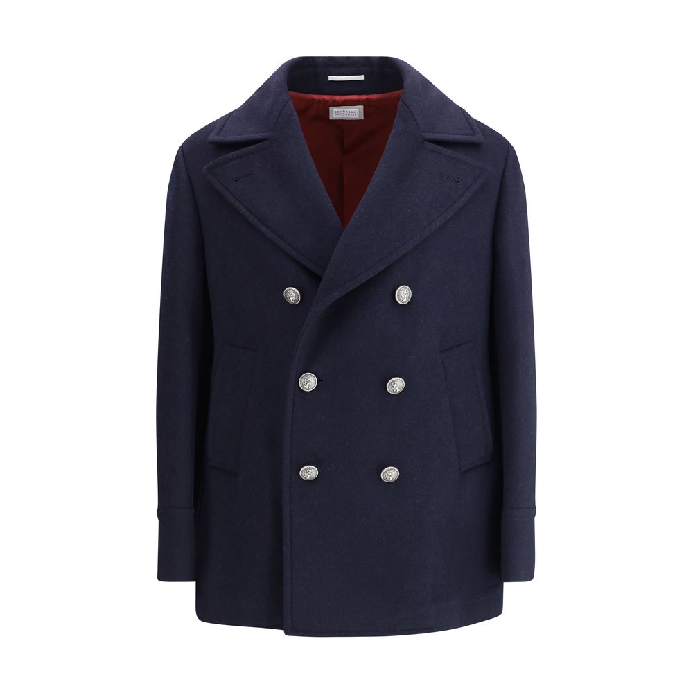 Brunello Cucinelli Blue Wool Coat with metal button closure and classic lapel collar, showcasing elegant design and functional features.