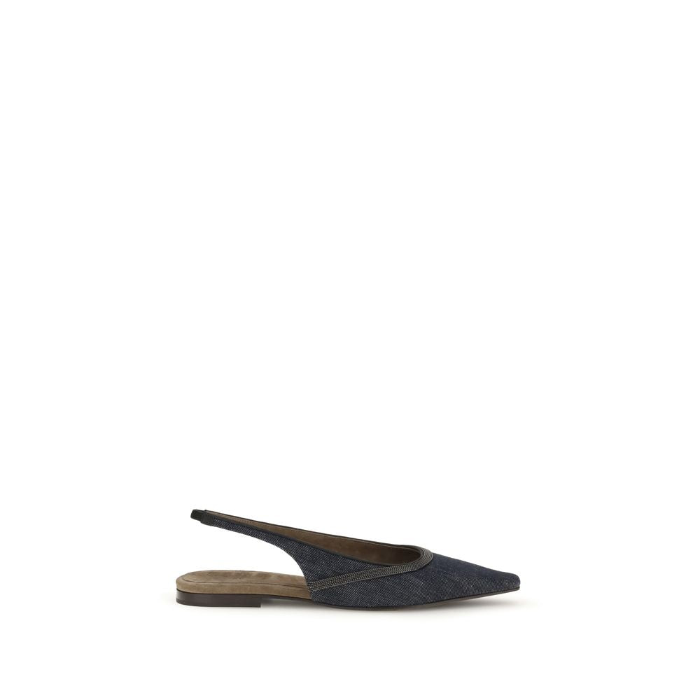 Brunello Cucinelli Blue Cotton Ballet Flats with nickel-free jewel decoration, suede lining, and slip-resistant sole.