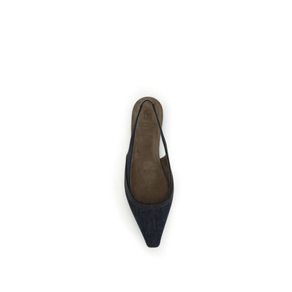 Top view of Brunello Cucinelli Blue Cotton Ballet Flats with suede lining and elastic slingback strap.