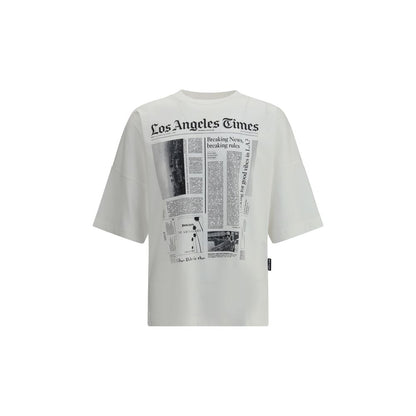 Palm Angels White Cotton T-Shirt with newspaper print, crew neckline, and short sleeves, perfect for an urban style. AW25 Collection.