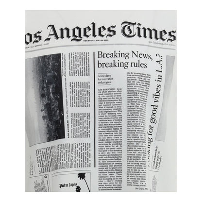 Palm Angels White Cotton T-Shirt with newspaper print design for urban style.