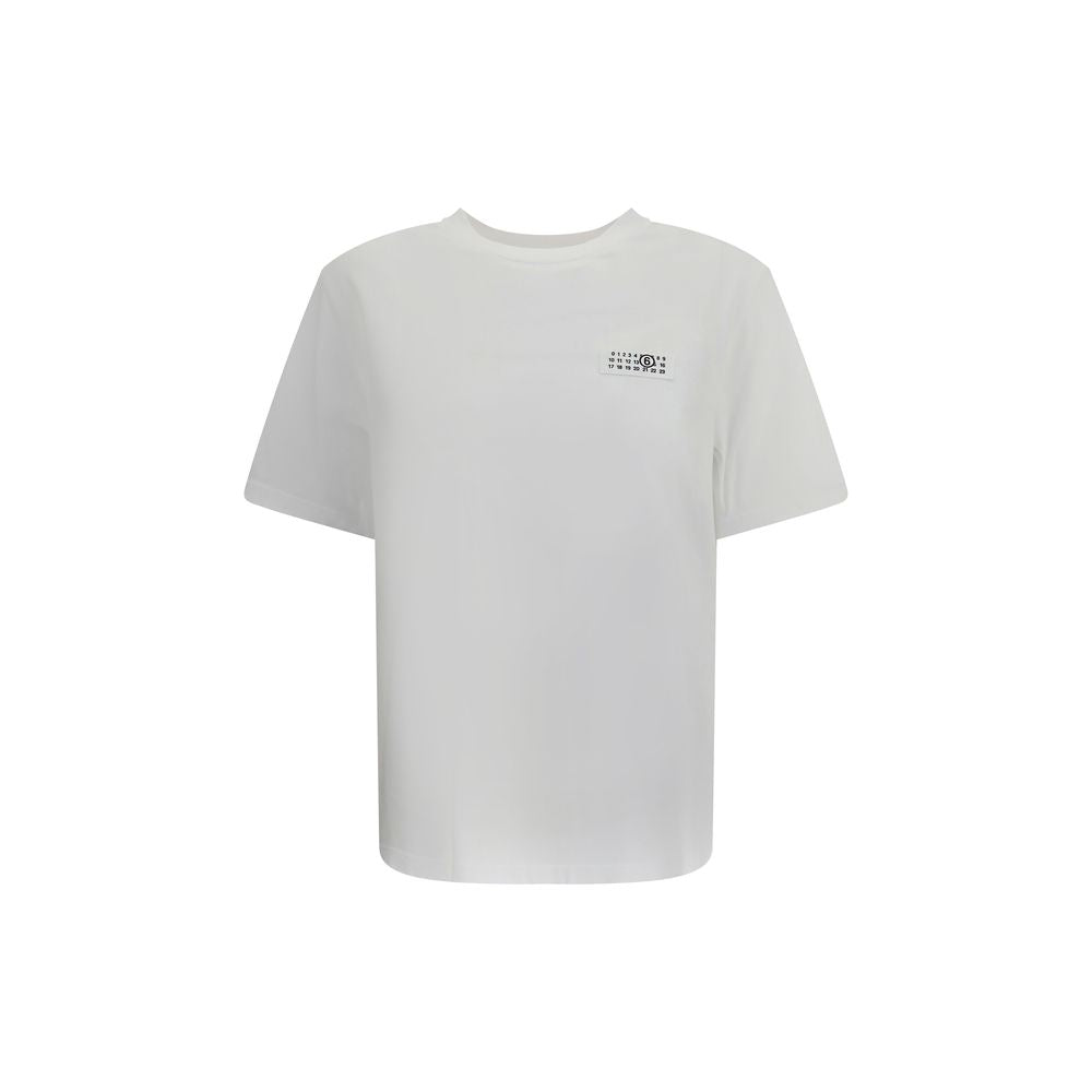 MM6 White Cotton T-Shirt with ribbed crew neck and front logo, showcasing personality and contemporary style for AW25. Regular fit, 100% cotton.