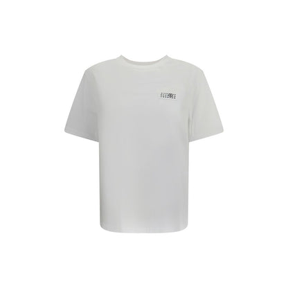 MM6 White Cotton T-Shirt with ribbed crew neck and front logo, showcasing personality and contemporary style for AW25. Regular fit, 100% cotton.