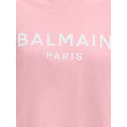 Pink Balmain Multicolor Cotton T-Shirt with logo print in white, featuring ribbed crew neck and contemporary cropped design.