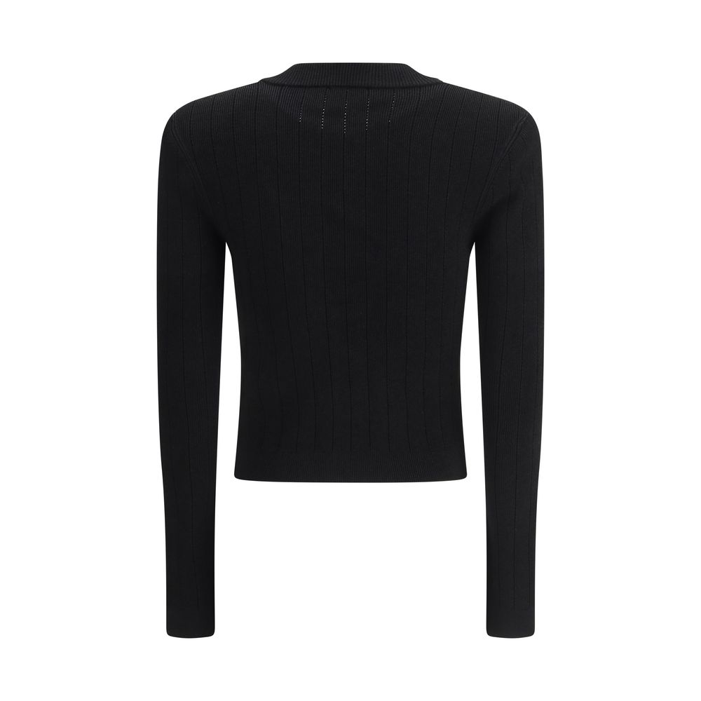 Back view of Balmain Black Viscose Cardigan with cropped design, v-neck, embossed buttons, slim fit, and monochrome pattern.