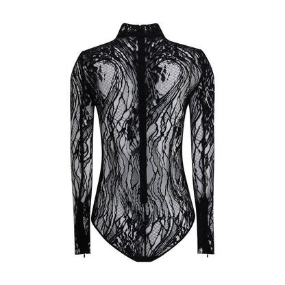Balmain Black Cotton Top featuring sheer lace, high neck, and back zip. Elegant, sophisticated piece for bold feminine looks. AW25 collection.