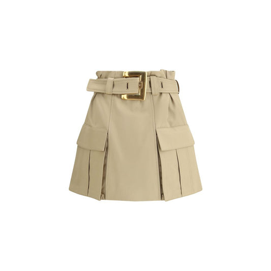 Balmain Beige Cotton Mini Skirt with gold metal buckle and cargo pockets; 100% cotton; AW25 collection; elegant utility style.