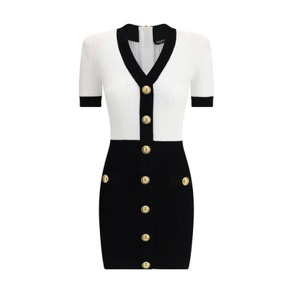 Balmain Multicolor Viscose Casual Dress with braided pattern, V-neckline, short sleeves, and embossed buttons, AW25 slim fit.