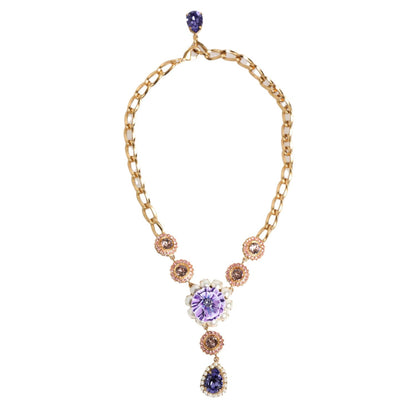 Dolce & Gabbana Gold Brass Crystal Pearl Purple Floral Pendant Jewelry Necklace
