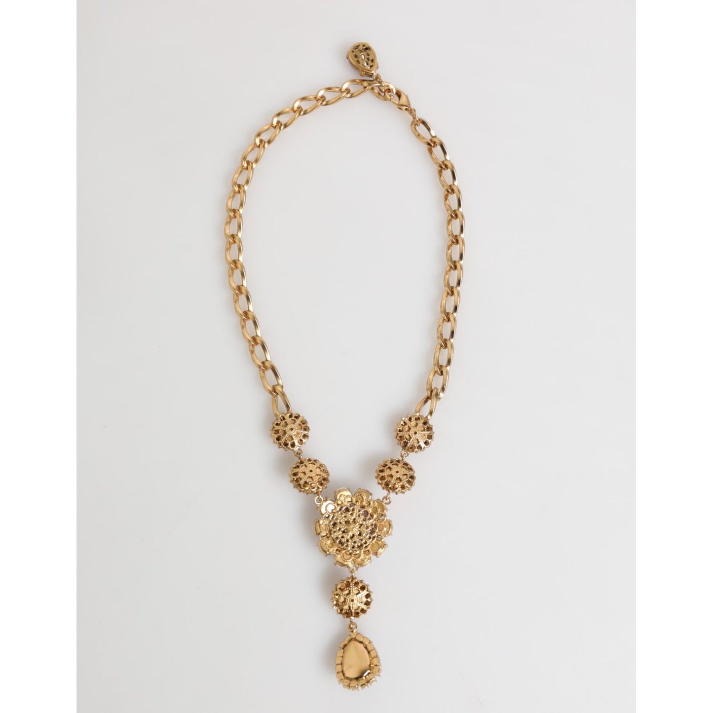 Dolce & Gabbana Gold Brass Crystal Pearl Purple Floral Pendant Jewelry Necklace