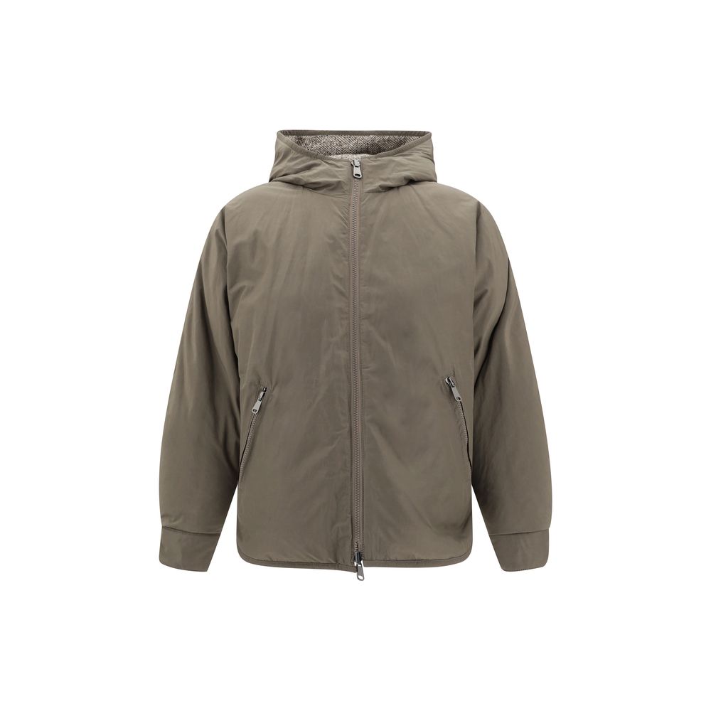 Brunello Cucinelli Brown Fleece Wool Coat with hood and front zipper, showcasing practical side pockets and a quilted design.