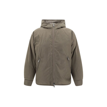 Brunello Cucinelli Brown Fleece Wool Coat with hood and front zipper, showcasing practical side pockets and a quilted design.