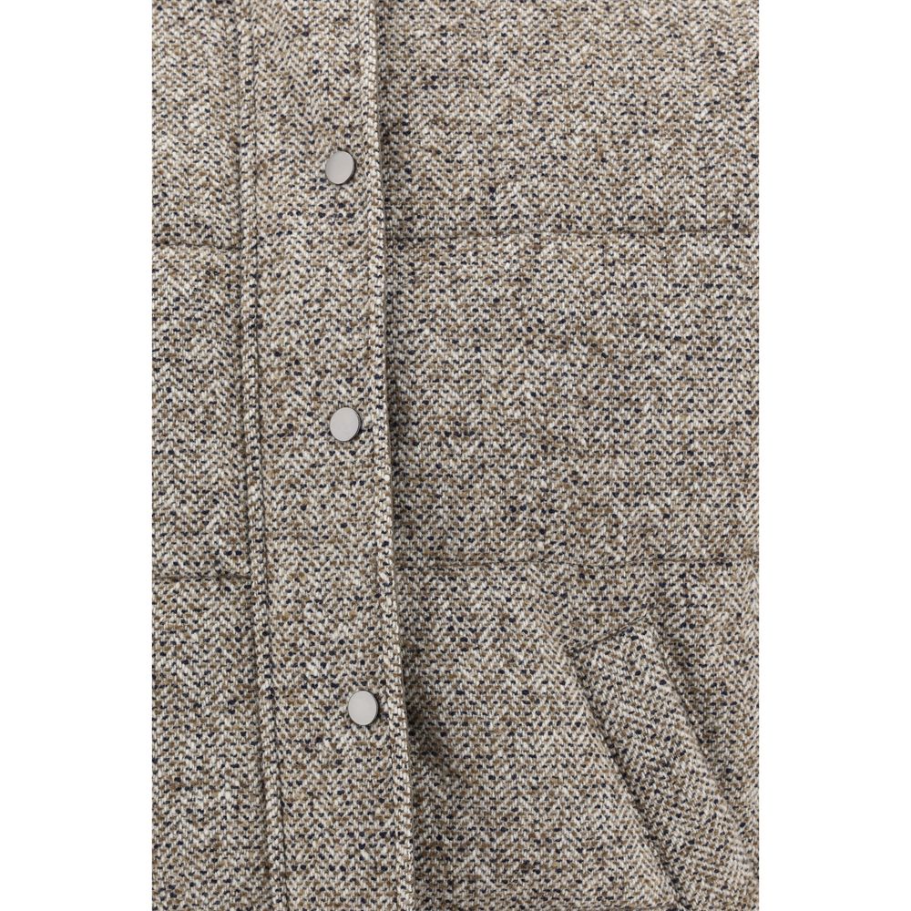 Close-up of Brunello Cucinelli Brown Fleece Wool Coat showing button details and textured fabric.