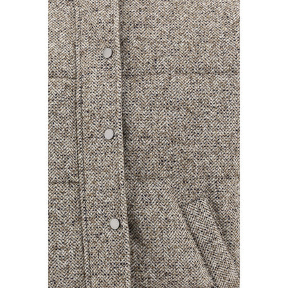 Close-up of Brunello Cucinelli Brown Fleece Wool Coat showing button details and textured fabric.