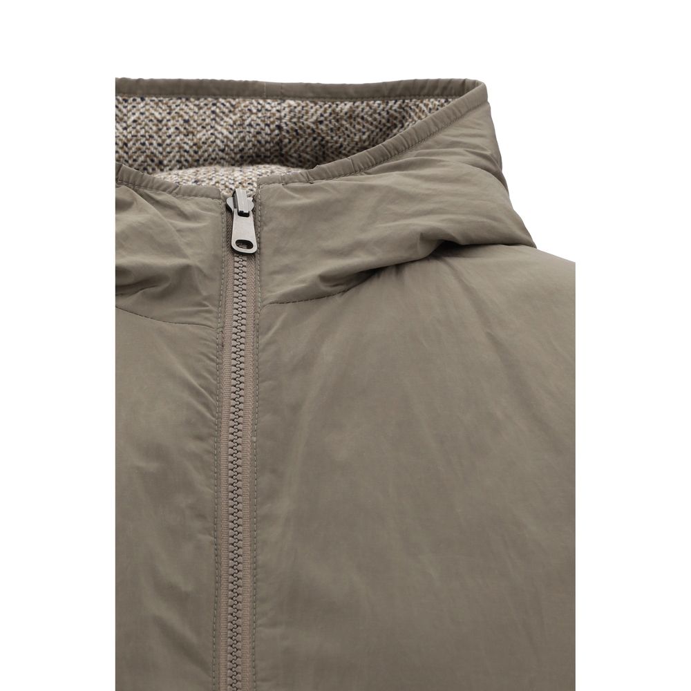 Brunello Cucinelli Brown Fleece Wool Coat with zip closure and hood detailing