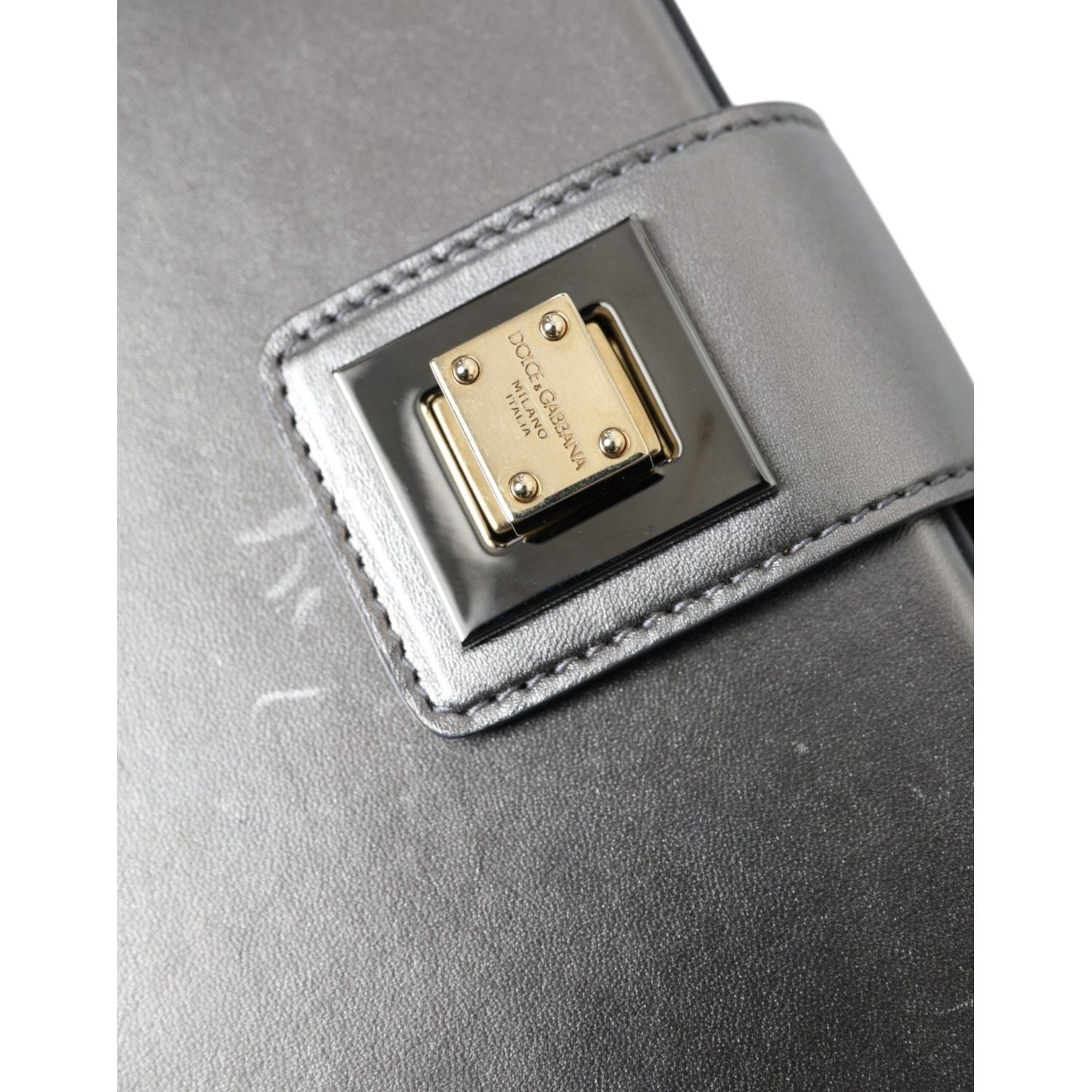 Dolce & Gabbana Steel Gray Leather Box Shape Shoulder Gold DG Logo Plaque Bag