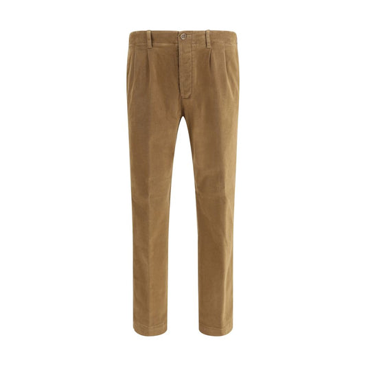 Germano Brown Cotton Pants showcasing a slim fit with a zip-and-button closure, belt loops, and classic five-pocket design for modern style.