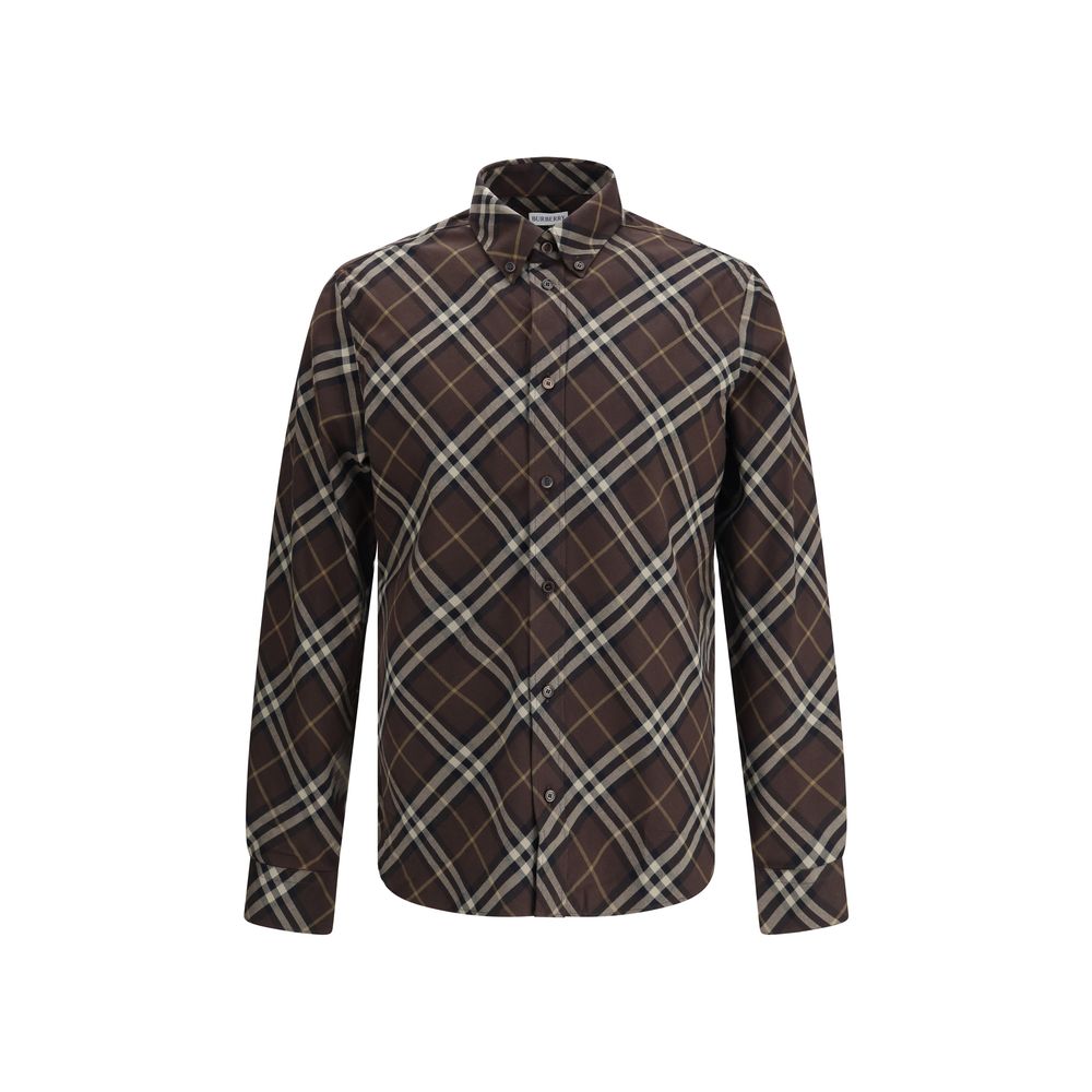 Burberry Brown Cotton Pattern Shirt with check design, button-down collar, and long sleeves.