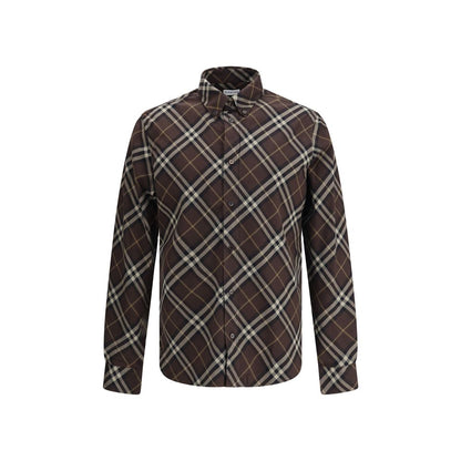 Burberry Brown Cotton Pattern Shirt with check design, button-down collar, and long sleeves.