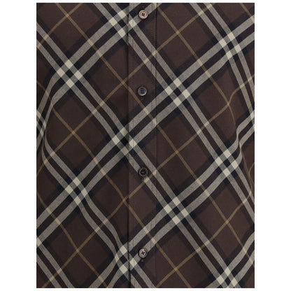 Close-up of Burberry Brown Cotton Pattern Shirt showing classic check design, button-down front, and flannel texture for AW25 season.