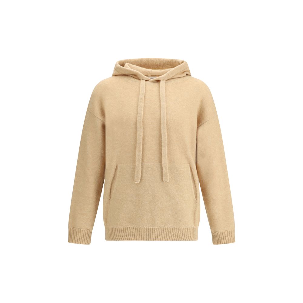 Laneus Beige Cashmere Hoodie with drawstring hood and pouch pocket, showcasing a relaxed, elegant design and ribbed hem and cuffs.