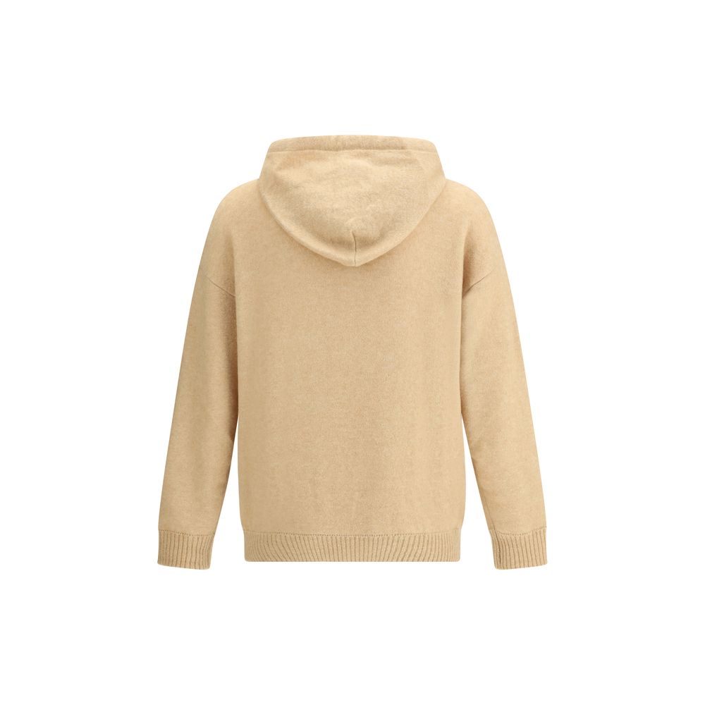Back view of Laneus Beige Cashmere Hoodie showcasing the adjustable hood and ribbed hem for a sophisticated, casual look.
