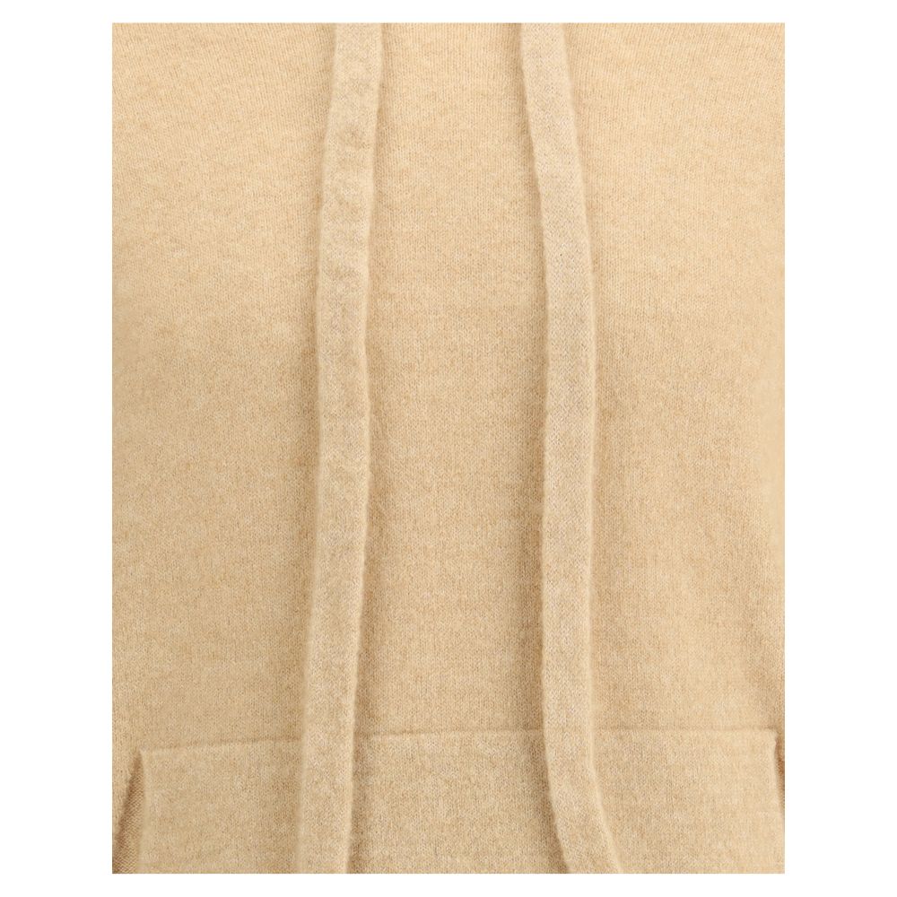 Laneus Beige Cashmere Hoodie with drawstring hood and pouch pocket, showcasing soft cashmere texture and elegant design features.