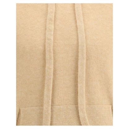 Laneus Beige Cashmere Hoodie with drawstring hood and pouch pocket, showcasing soft cashmere texture and elegant design features.